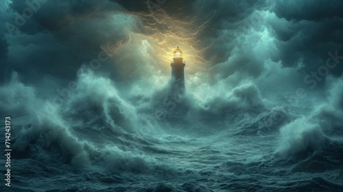 Luminous Ancient Sea Lighthouse Against Huge Waves AI Generated