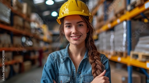 A Man and a Female with Yellow Helmet and Man Warehouse Worker Showing Thumb Up Together AI Generated