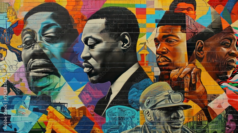 Design a mural that depicts significant moments and individuals in Black History Month - obrazy, fototapety, plakaty 