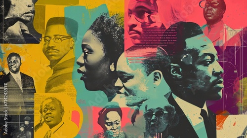 A visually striking collage featuring prominent figures in Black history  including activists  artists  scientists  and leaders.
