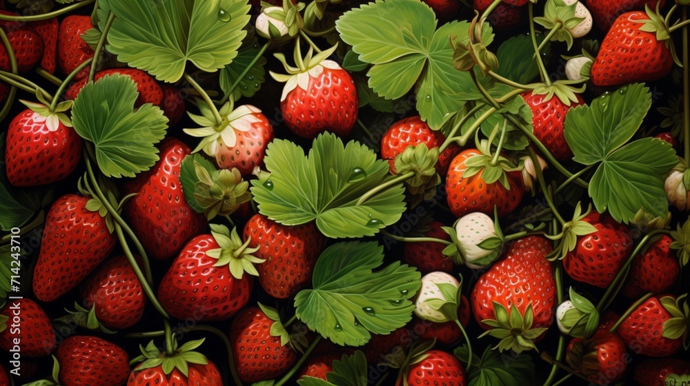 An ultra-detailed strawberry patch at midday, the vibrant green leaves cradle plump, sun-ripened strawberries, capturing their exquisite texture and hue. - Generative AI An ultra-detailed strawberry patch at midday, the vibrant green leaves cradle plump, sun-ripened strawberries, capturing their exquisite texture and hue. - Generative AI