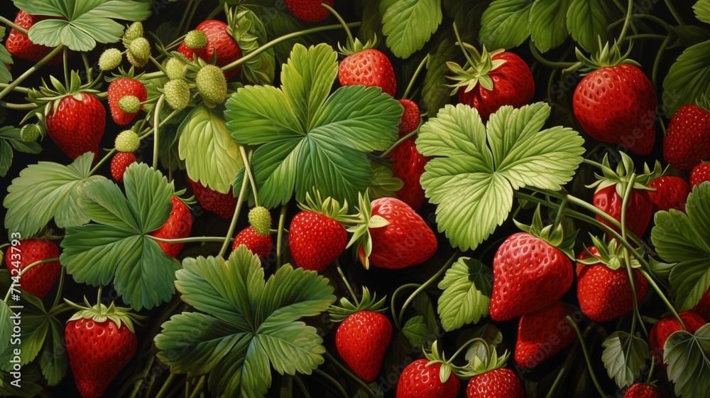 An ultra-detailed strawberry patch at midday, the vibrant green leaves cradle plump, sun-ripened strawberries, capturing their exquisite texture and hue. - Generative AI An ultra-detailed strawberry patch at midday, the vibrant green leaves cradle plump, sun-ripened strawberries, capturing their exquisite texture and hue. - Generative AI