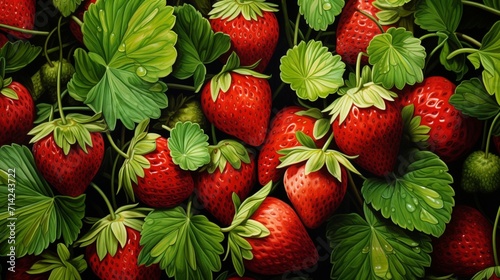 An ultra-detailed strawberry patch at midday, the vibrant green leaves cradle plump, sun-ripened strawberries, capturing their exquisite texture and hue.  - Generative AI