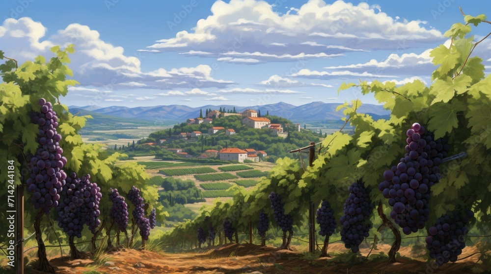 An ultra-detailed vineyard with rows of grapevines heavy with plump, purple grapes, exuding the essence of harvest season - Generative AI