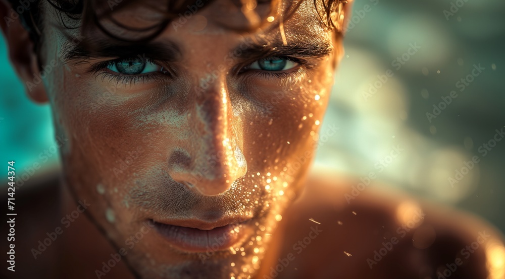Intense gaze of a young man with water droplets on his face, highlighting his eyes Intense gaze of a young man with water droplets on his face, highlighting his eyes