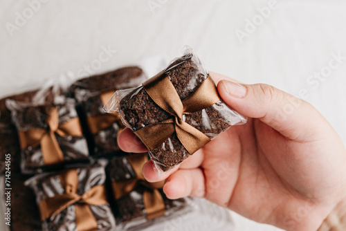 Chocolate brownie as a wedding or party favor photo