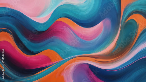 Dynamic abstract painting is playful blue, teal, pink, orange design, wave and striking composition.L