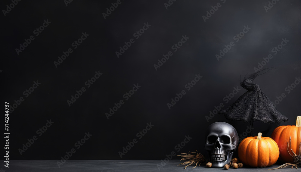 Pumpkins and halloween objects background with free space for text