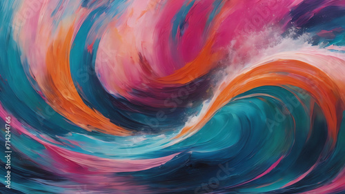 Dynamic abstract painting is playful blue, teal, pink, orange design, wave and striking composition.L