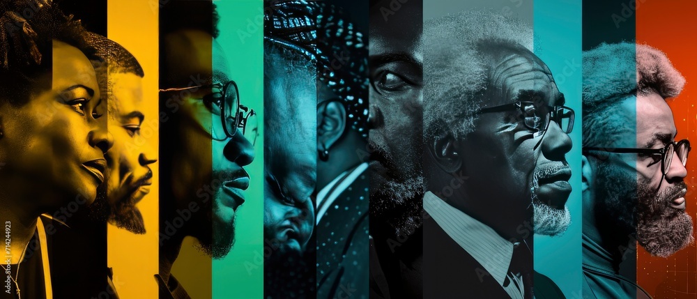 A visually striking collage featuring prominent figures in Black history, including activists, artists, scientists, and leaders. - obrazy, fototapety, plakaty 