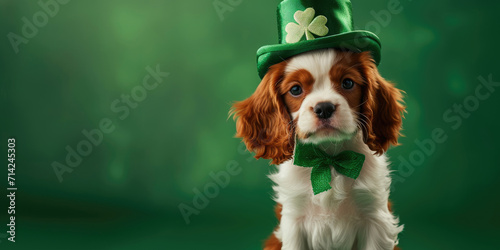 Cavalier King Charles Spaniel in green leprechaun hat on green background. St. Patrick's day concept.