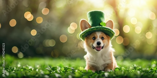 Cute welsh corgi dog in green leprechaun hat on green grass with bokeh background. St. Patrick's day concept.