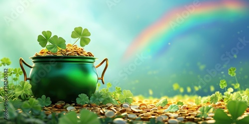 Pot of gold coins with clover leaves and rainbow. St. Patrick's Day concept