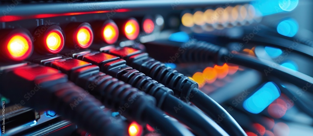 Operational equipment with cables in a data center rack. Operational equipment with cables in a data center rack.