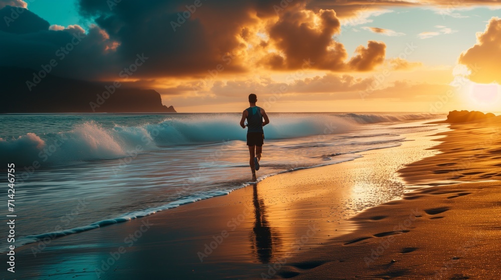 Silhouette of a runner jogging on the beach with waves and sunset