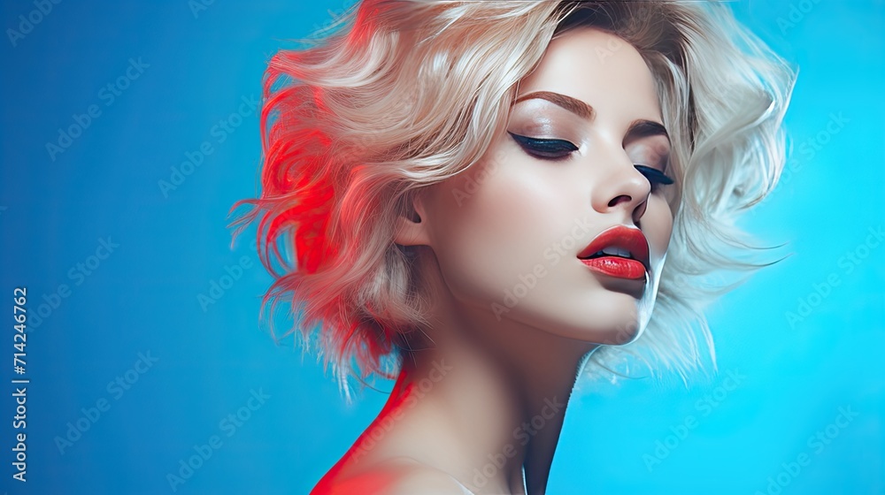 Stylish blonde in red makeup on a blue background.