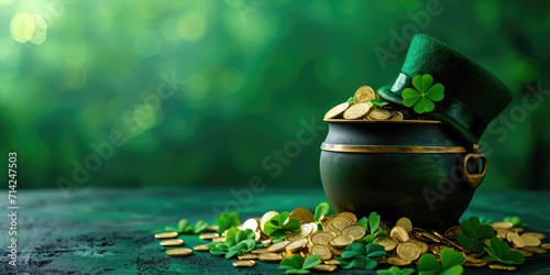 Pot of gold coins with clover leaves on green background. St. Patrick's Day.