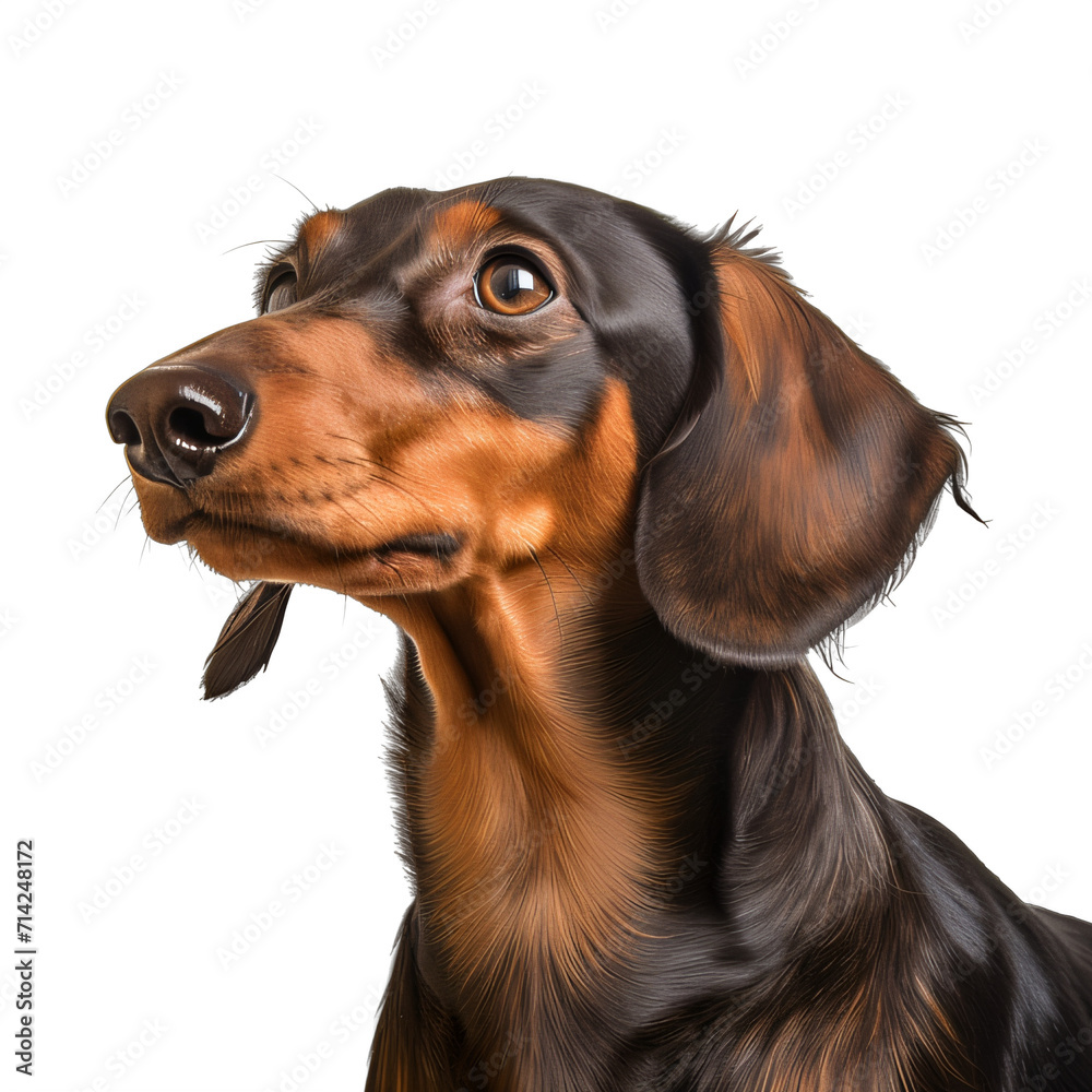 A dachshund dog looking up at the sky on a transparent background png isolated