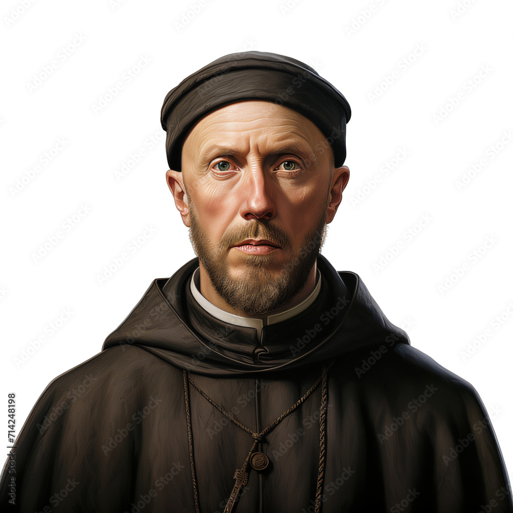 A painting of a man in a monk outfit on a transparent background png isolated