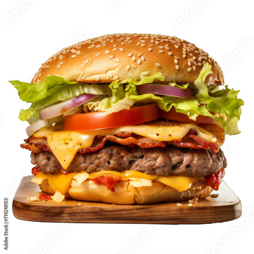 A cheeseburger with lettuce, tomato, onion and cheese on a wooden table on a transparent background png isolated