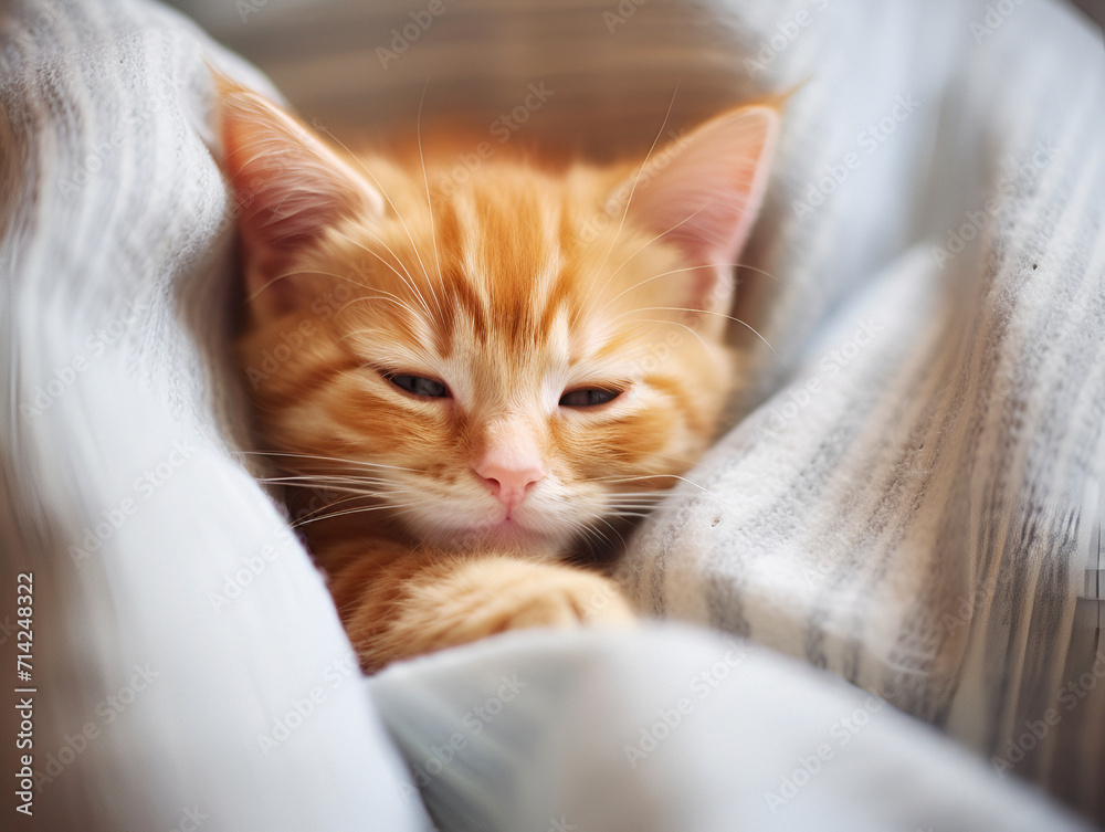 Cute little ginger kitten is sleeping in soft blanket, top view