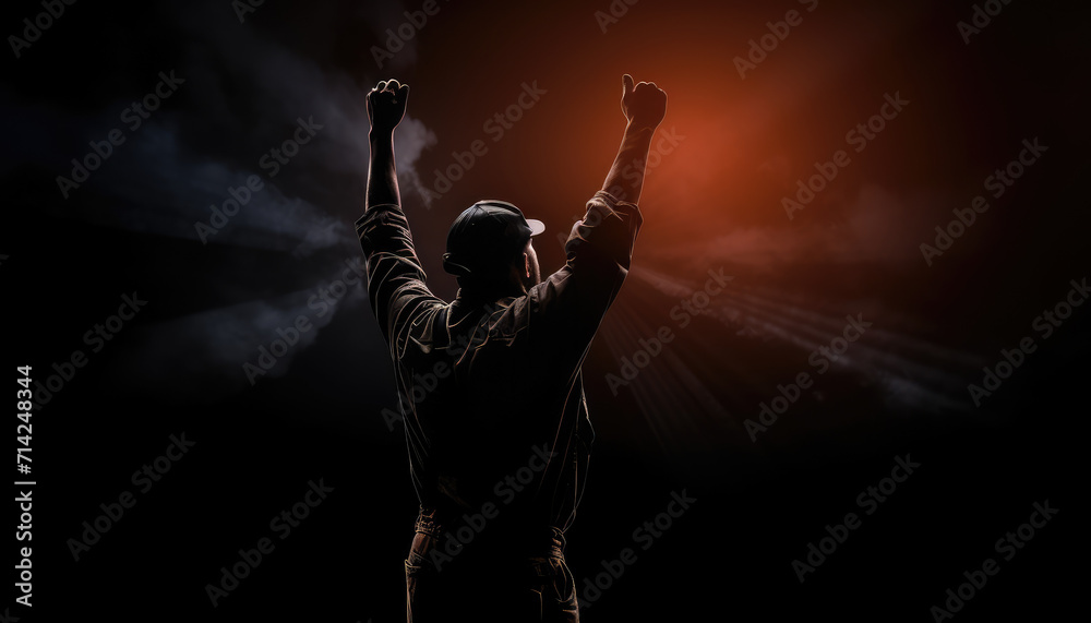 Representative silhouette photo of strong worker in dark night ambiance Representative silhouette photo of strong worker in dark night ambiance
