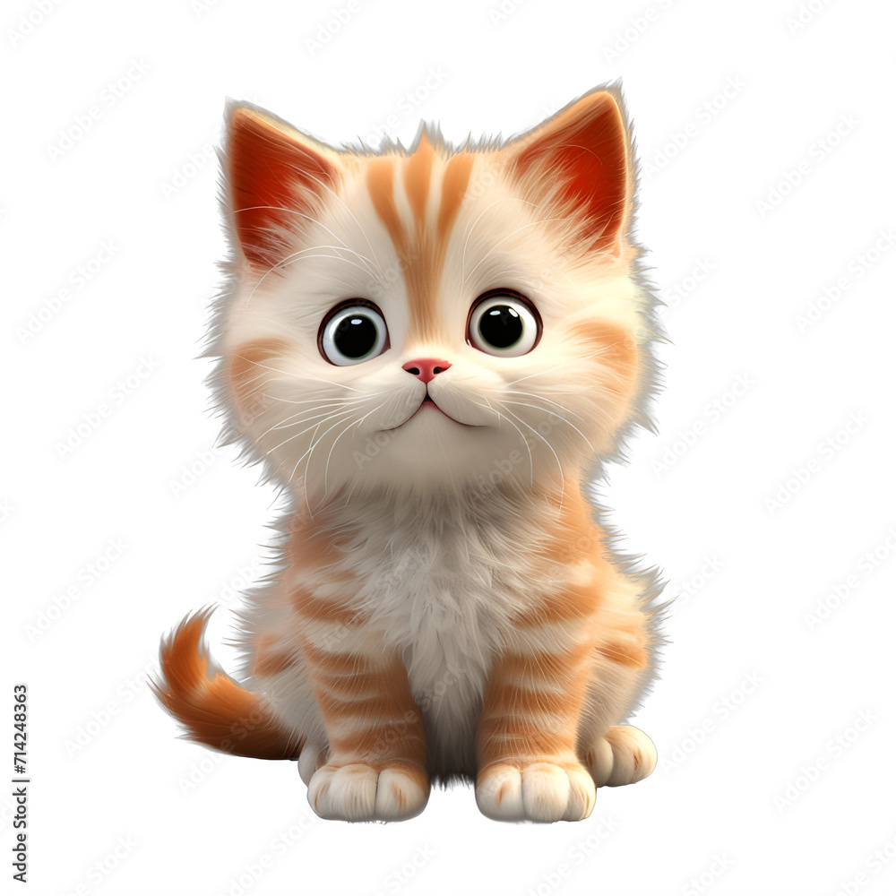 A small kitten 3d cartoon with big eyes sitting down on a transparent background png isolated