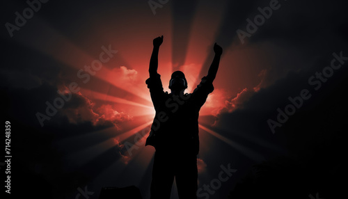Representative silhouette photo of strong worker in dark night ambiance