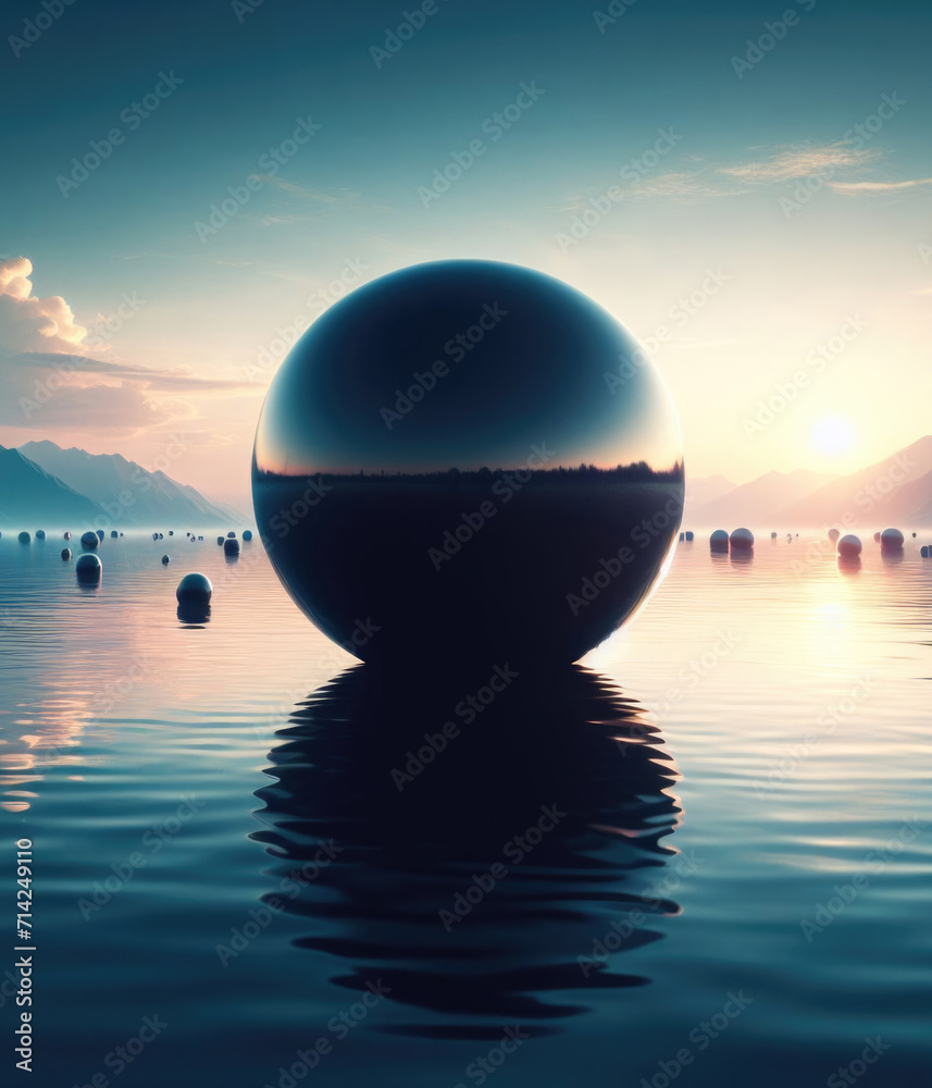 Reflective black sphere over lake at sunset. Reflective black sphere over lake at sunset.