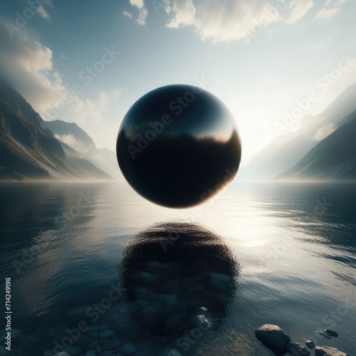 Black sphere floating over lake water in the mountains.