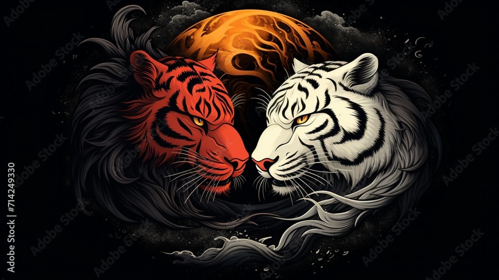 Angry tigers animal yin yang black background image Ai generated art