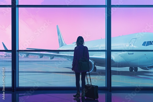 Solitary traveler stands at the airport terminal, gazing out at the aircraft while awaiting her flight at dusk.