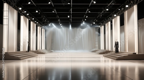 An upscale fashion runway with minimalist design and elegant lighting, providing unoccupied space for text alongside the runway - Generative AI photo