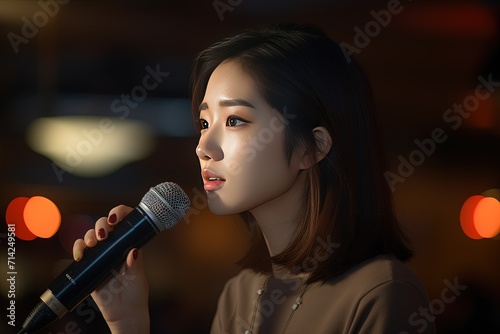 Young female singer emotionally engaged in her song, performing live at an intimate venue with soft lighting.  © Rattanathip