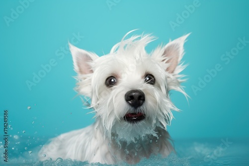 Playful West Highland White Terrier with wet fur having a great time during bath time against a turquoise background.
