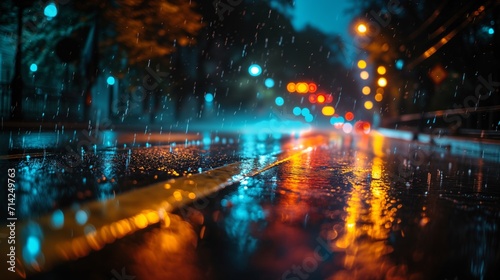 A vibrant long exposure shot capturing rain and city lights at night