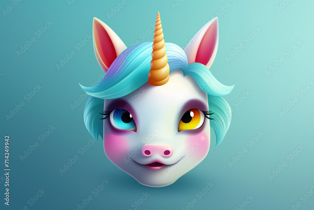Unicorn face on blue background. Realistic vector illustration.
