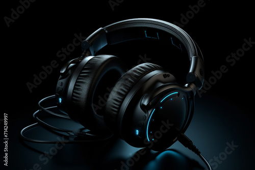 Headphones on black background. Music concept. 3D Rendering