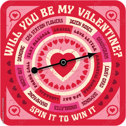 Retro Valentines Day game with spinning arrow, answers, and heart symbols. Fun for Valentines Day, social media, print materials, board games.  