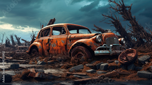 Rusted car in wooded forest area desktop wallpaper