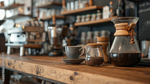 Accessories and utensils for making coffee drinks on a wooden table  coffee shop interior