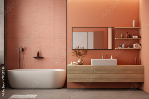 Salmon color minimal design modern decorated bathroom interior