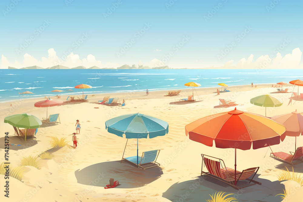 Beach with umbrellas and sun loungers. 3d rendering