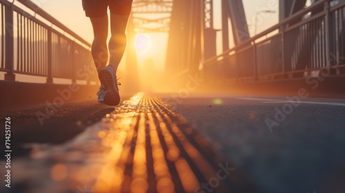 Close-up of a runner's feet on bridge at sunrise