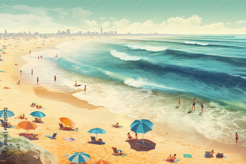 Beach with umbrellas and sun loungers. 3d rendering Beach with umbrellas and sun loungers. 3d rendering