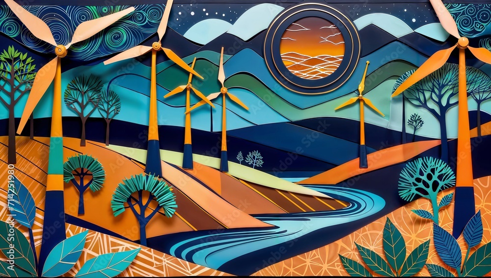 Wind Turbines on Landscape Background. Renewable Energy Concept.