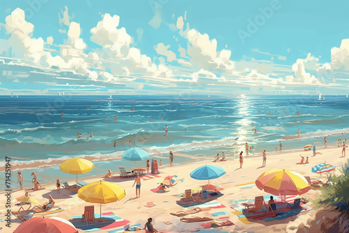 Papier peint Beach with umbrellas and sun loungers. 3d rendering