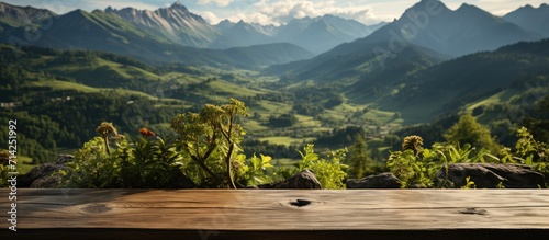 background of old wooden table and green mountain landscape
