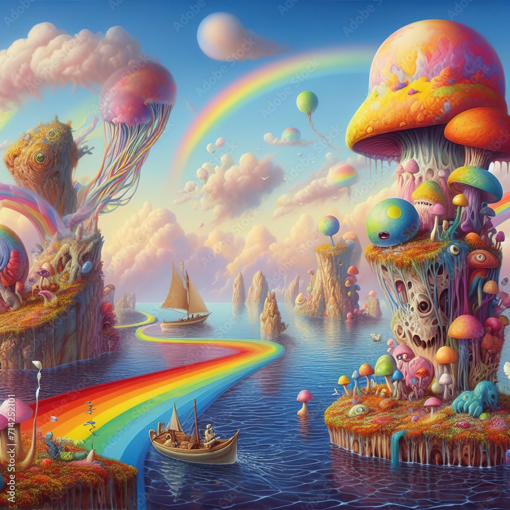 Fantasyland with rainbow, clouds, ships and mushrooms
