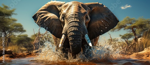 An African elephant walks swinging its trunk and spouting water under the hot sun